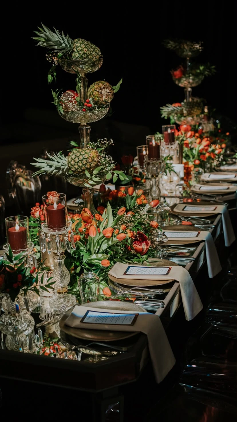 Candlelit table detail with crystal and dark flowers