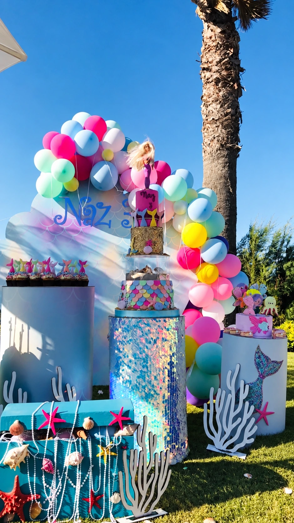 Vertical view of the ocean-themed cake and balloon décor